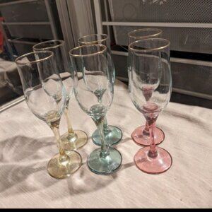 Set of 6 Vintage Colorful Champagne Flutes w/ Gold Rim.